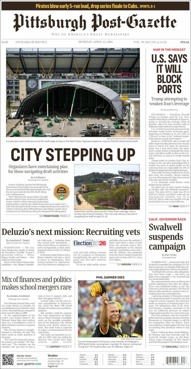 Portada de Pittsburgh Post-Gazette (USA)