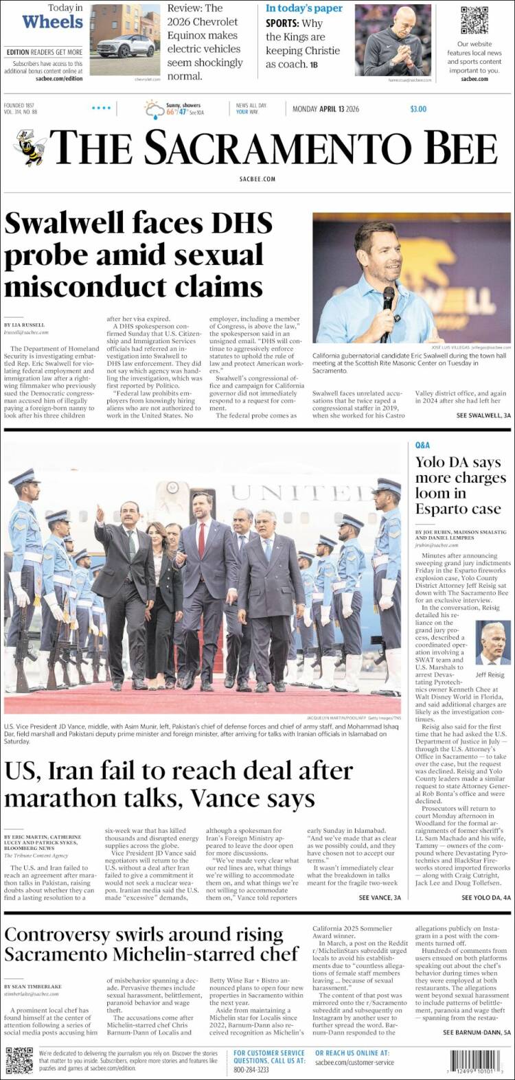 Portada de The Sacramento Bee (USA)