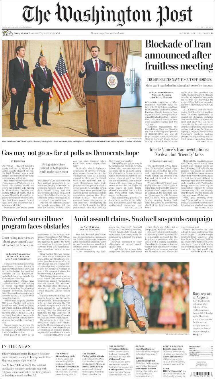 Portada de The Washington Post (USA)