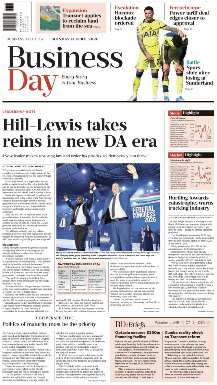 Portada de Business Day (Sud&aacute;frica)