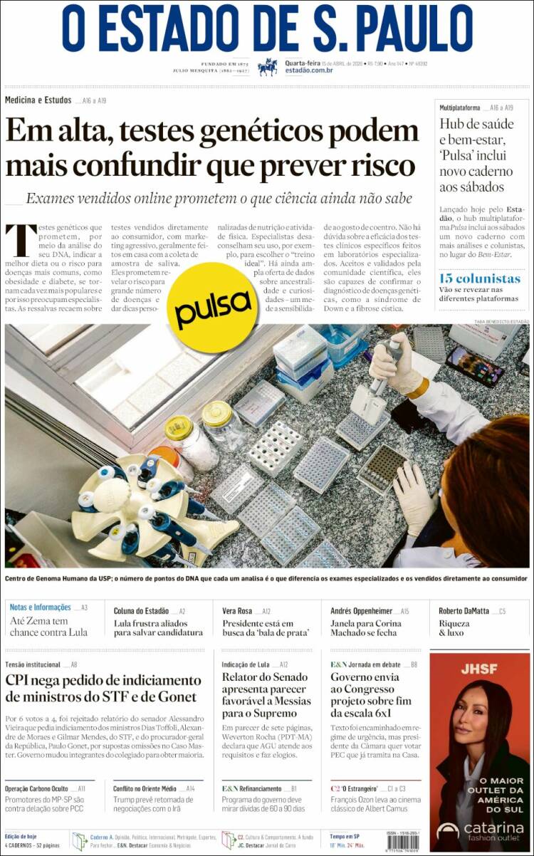 Portada de O Estado de São Paulo (Brasil)