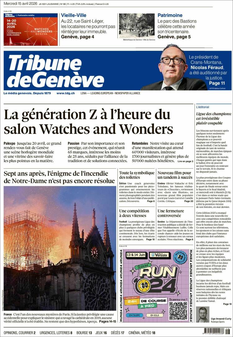 Portada de La Tribune de Genève (Suiza)