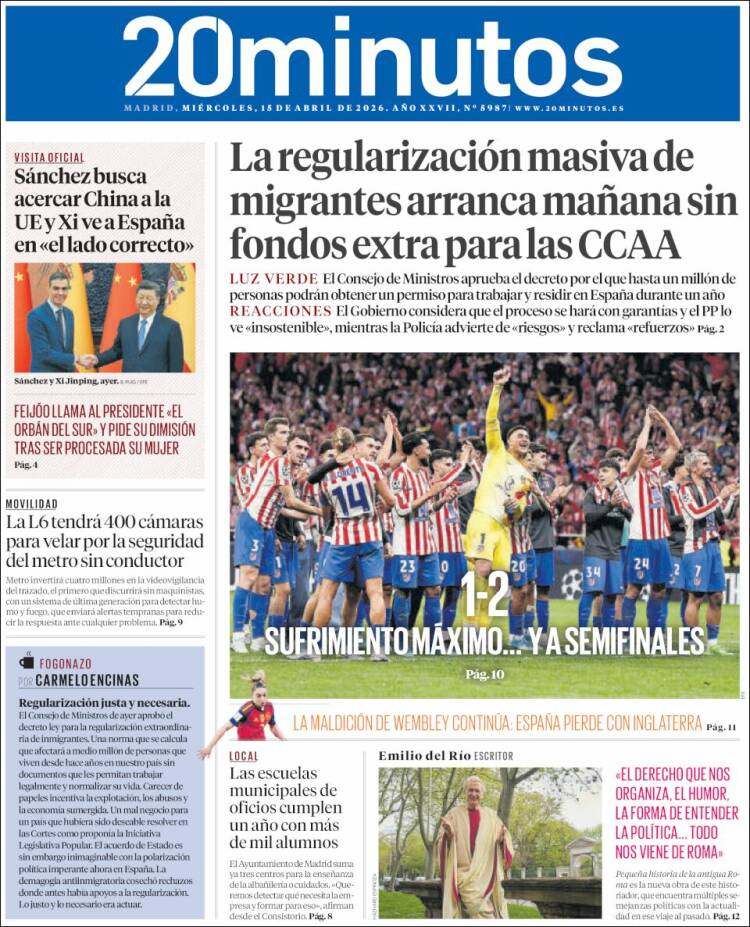 Portada de 20 Minutos - Madrid (Espa&ntilde;a)