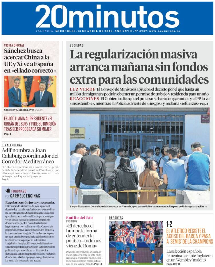 Portada de 20 Minutos - Valencia (Espa&ntilde;a)