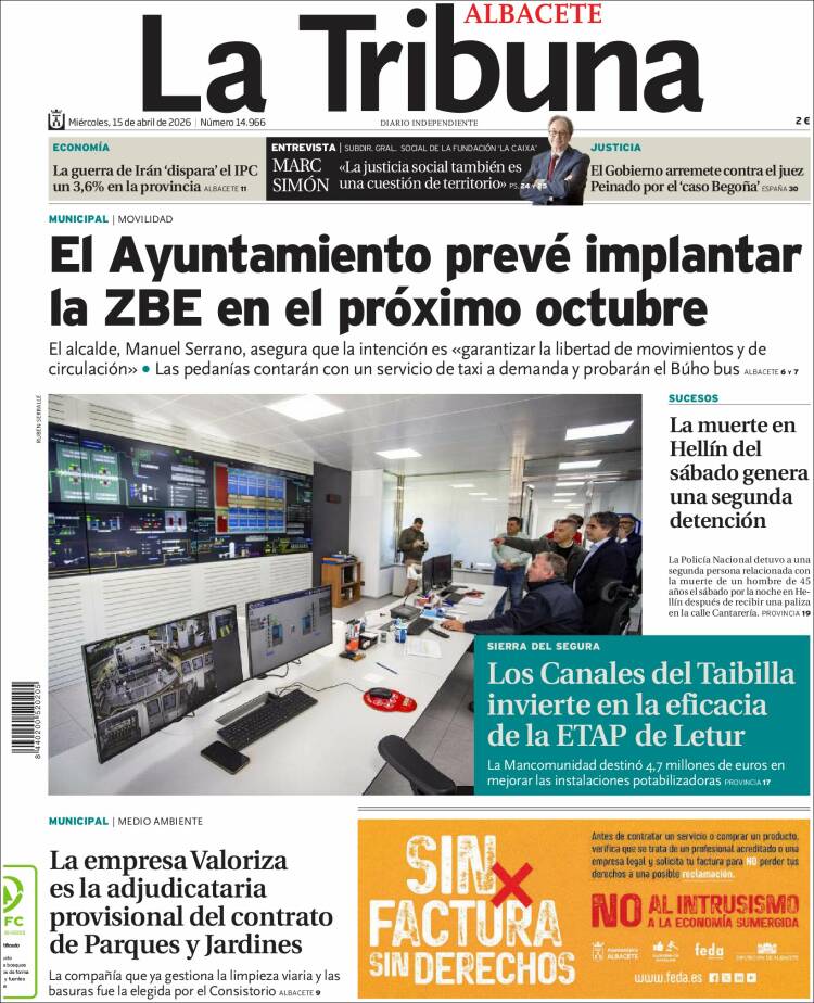 Portada de La Tribuna de Albacete (Espa&ntilde;a)