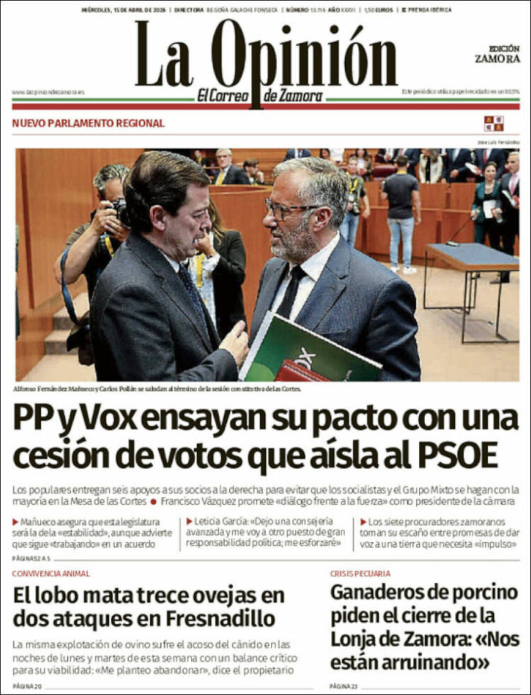 Portada de La Opinión - El Correo de Zamora (Espa&ntilde;a)