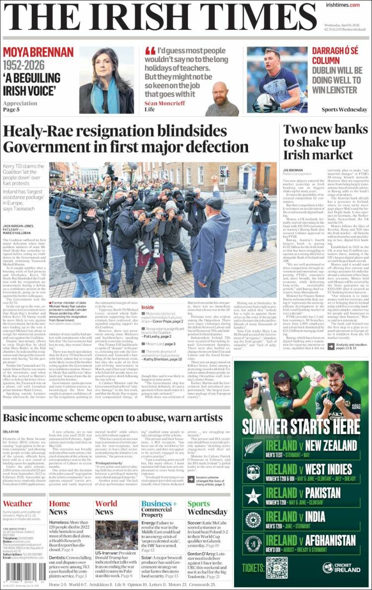 Portada de Irish Times (Irlanda)