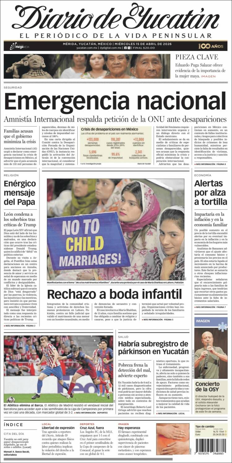 Portada de Diario de Yucatán (M&eacute;xico)