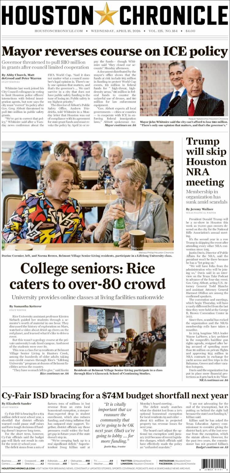 Portada de Houston Chronicle (USA)