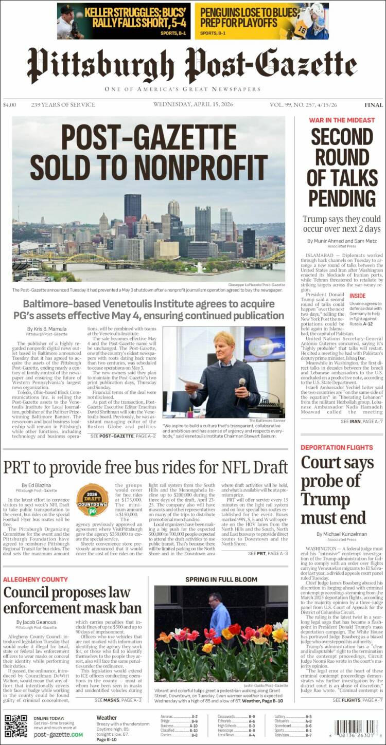 Portada de Pittsburgh Post-Gazette (USA)