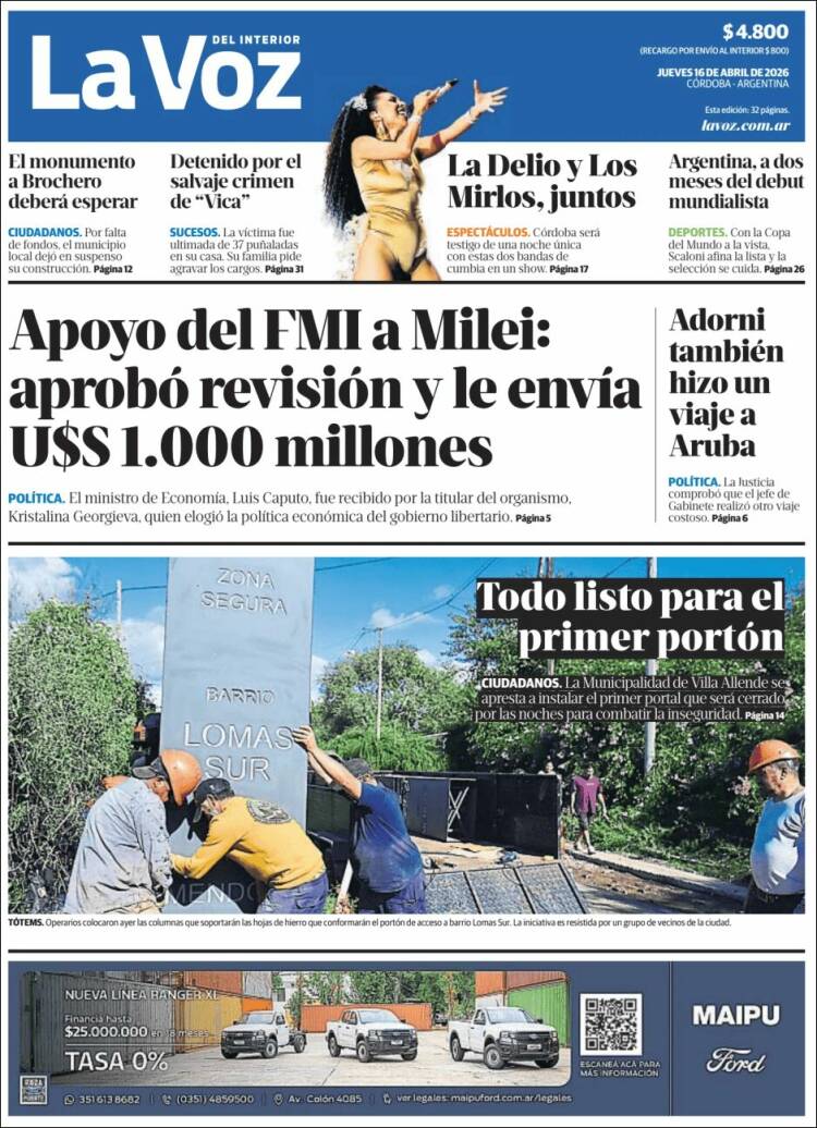 Portada de La Voz del Interior (Argentina)