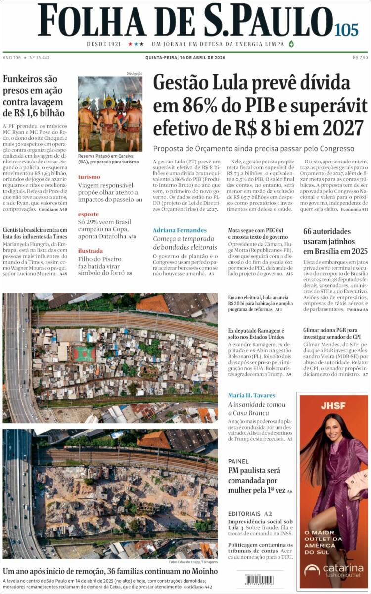 Portada de Folha de São Paulo (Brasil)
