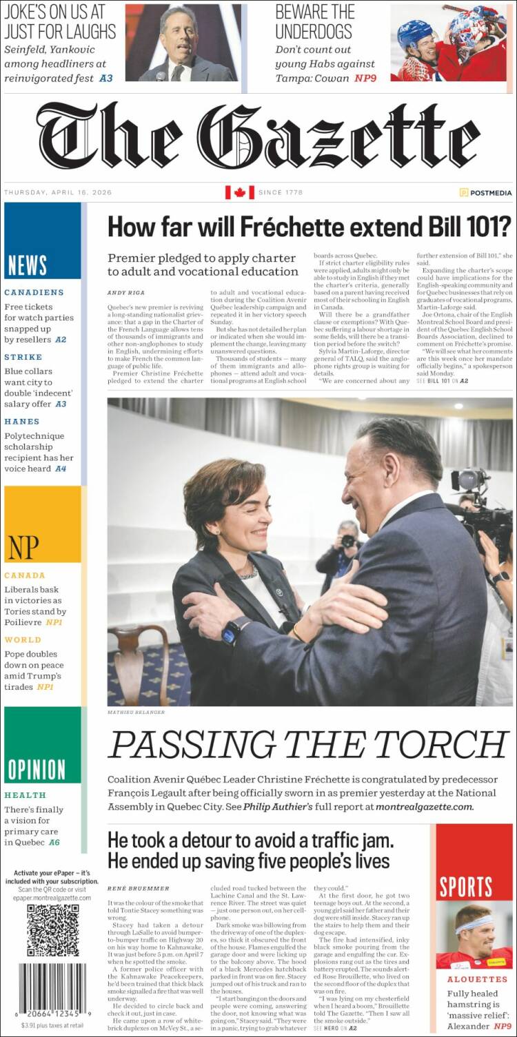 Portada de The Gazette (Canad&aacute;)