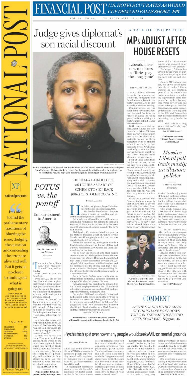 Portada de The National Post (Canad&aacute;)