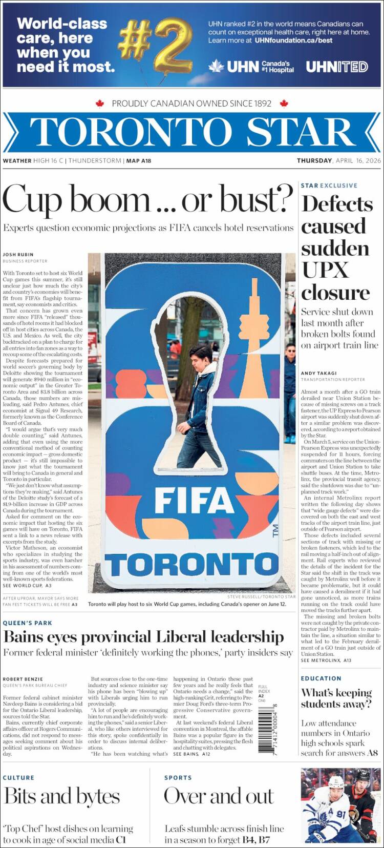 Portada de The Toronto Star (Canad&aacute;)