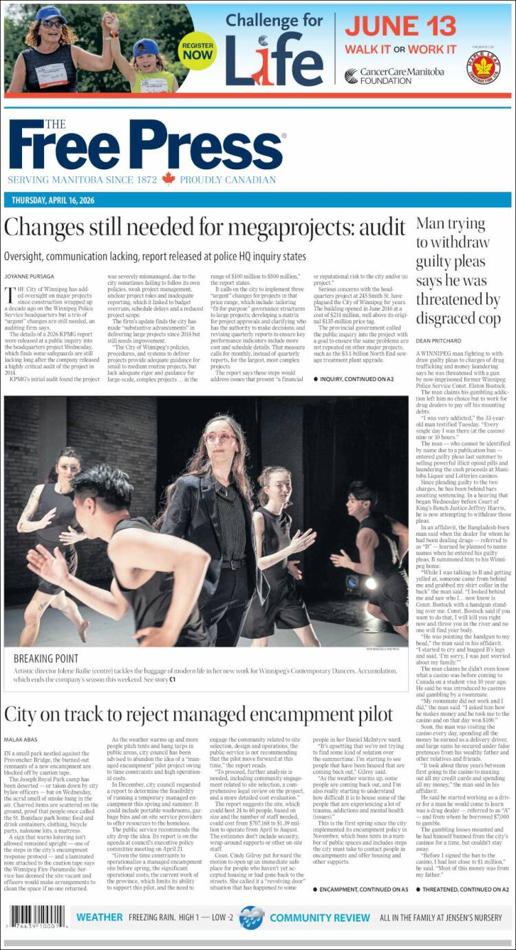 Portada de Winnipeg Free Press (Canad&aacute;)