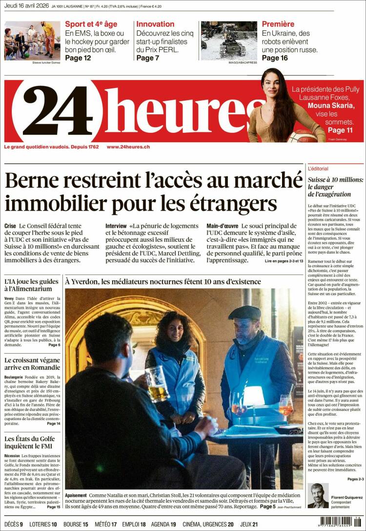 Portada de 24 Heures (Suiza)