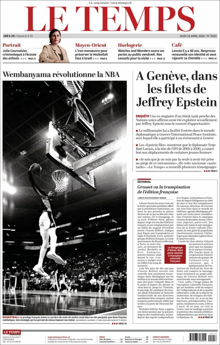 Portada de Le Matin (Suiza)