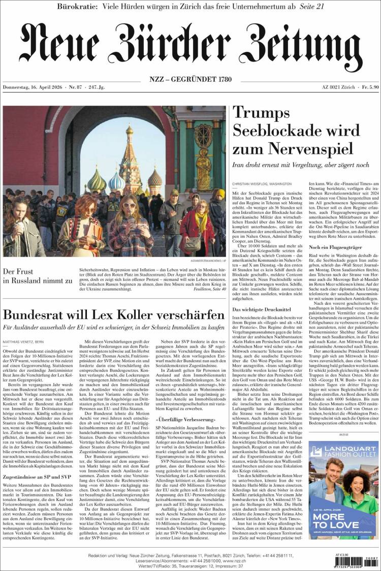 Portada de Neue Zürcher Zeitung (Suiza)
