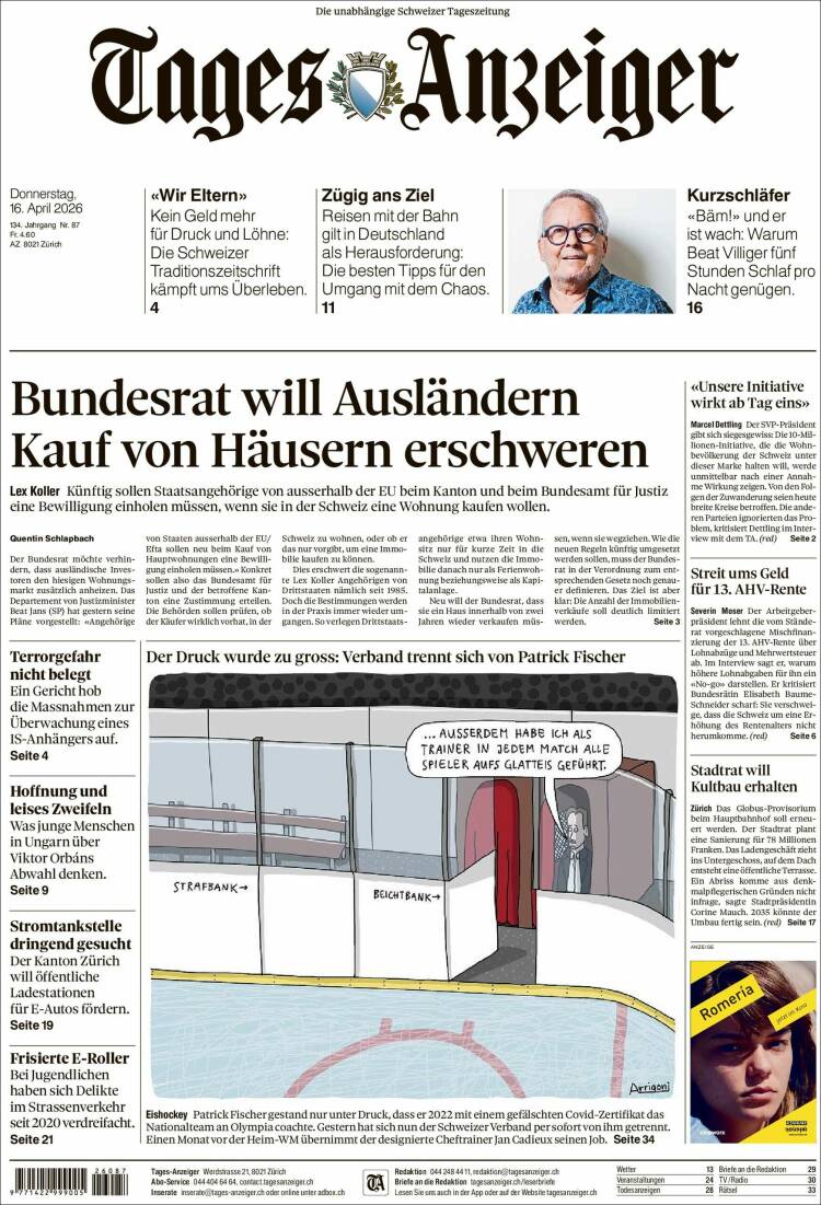 Portada de Tages-Anzeiger (Suiza)
