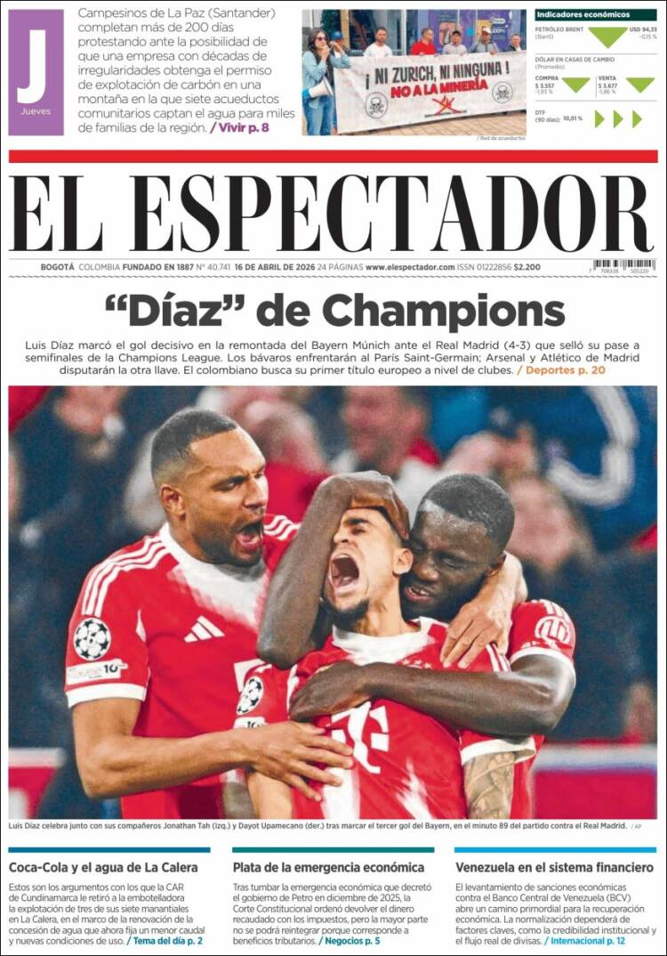 Portada de El Espectador (Colombia)