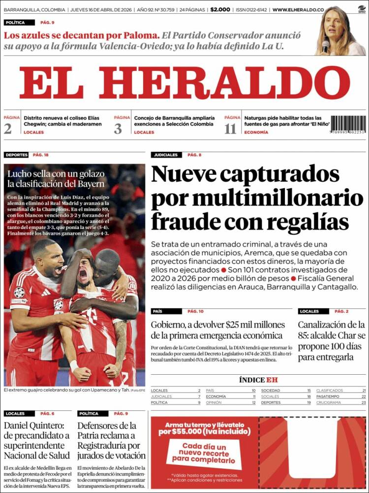 Portada de El Heraldo (Colombia)
