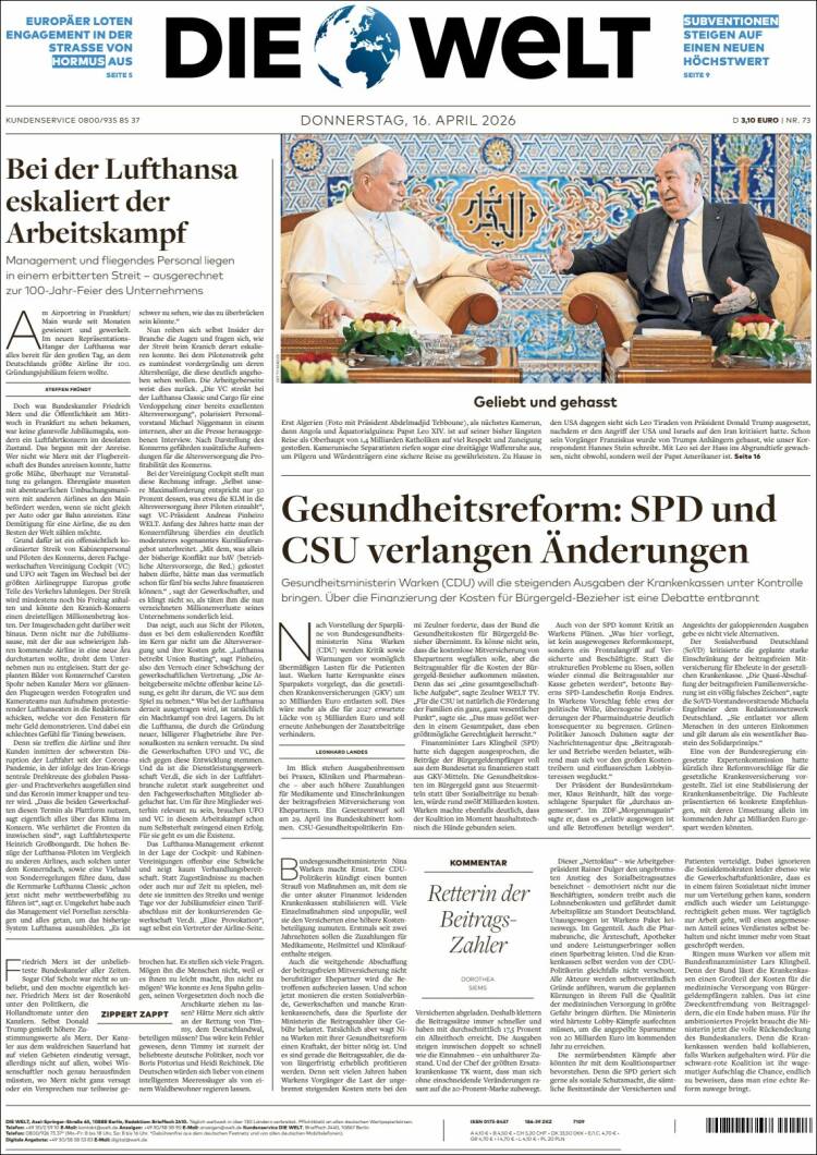 Portada de Die Welt (Alemania)