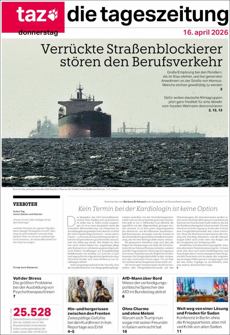 Portada de Die Tageszeitung (Alemania)