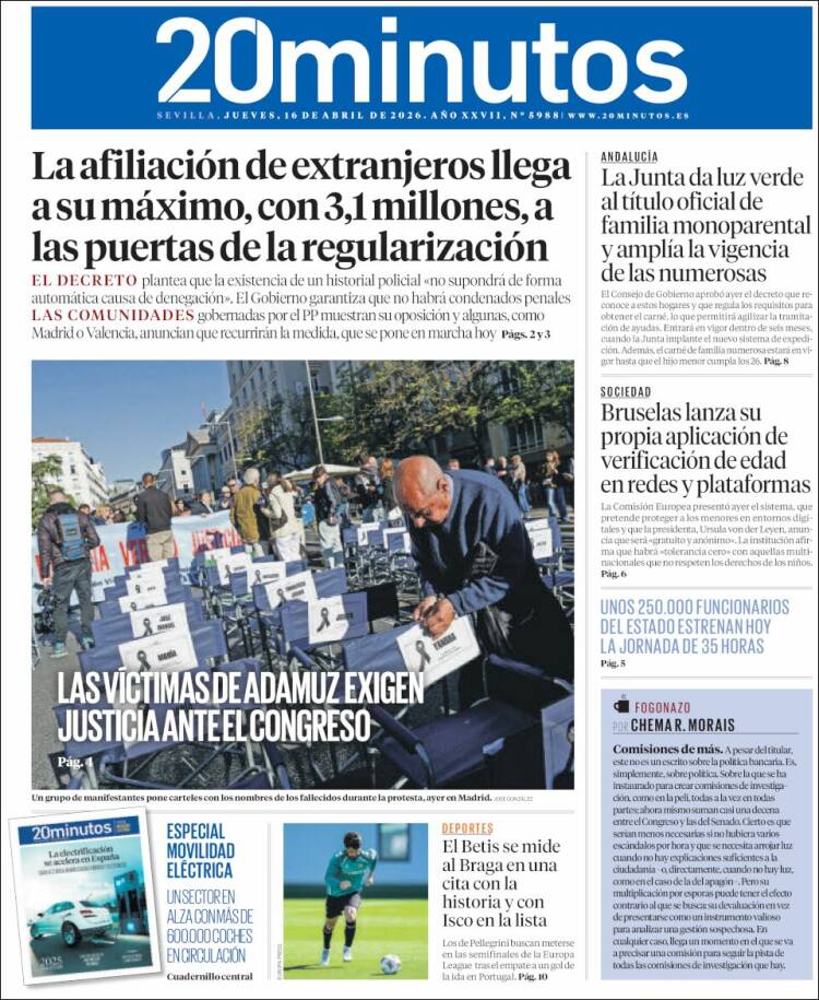 Portada de 20 Minutos - Sevilla (Espa&ntilde;a)