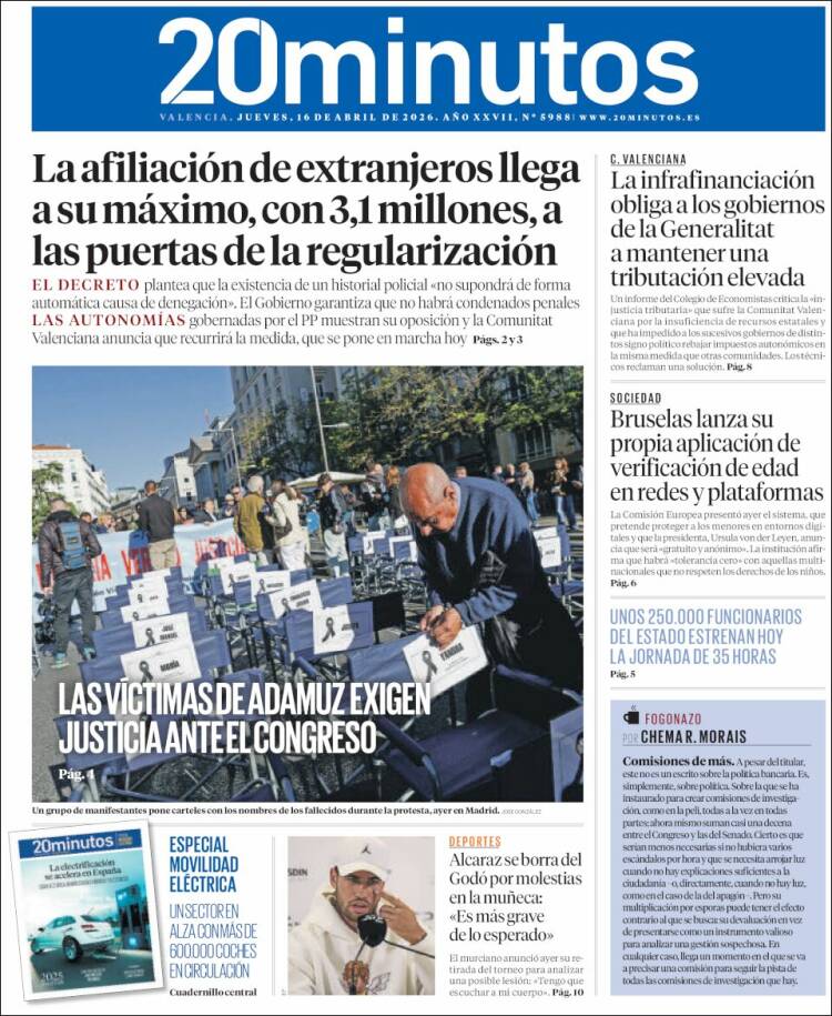 Portada de 20 Minutos - Valencia (Espa&ntilde;a)