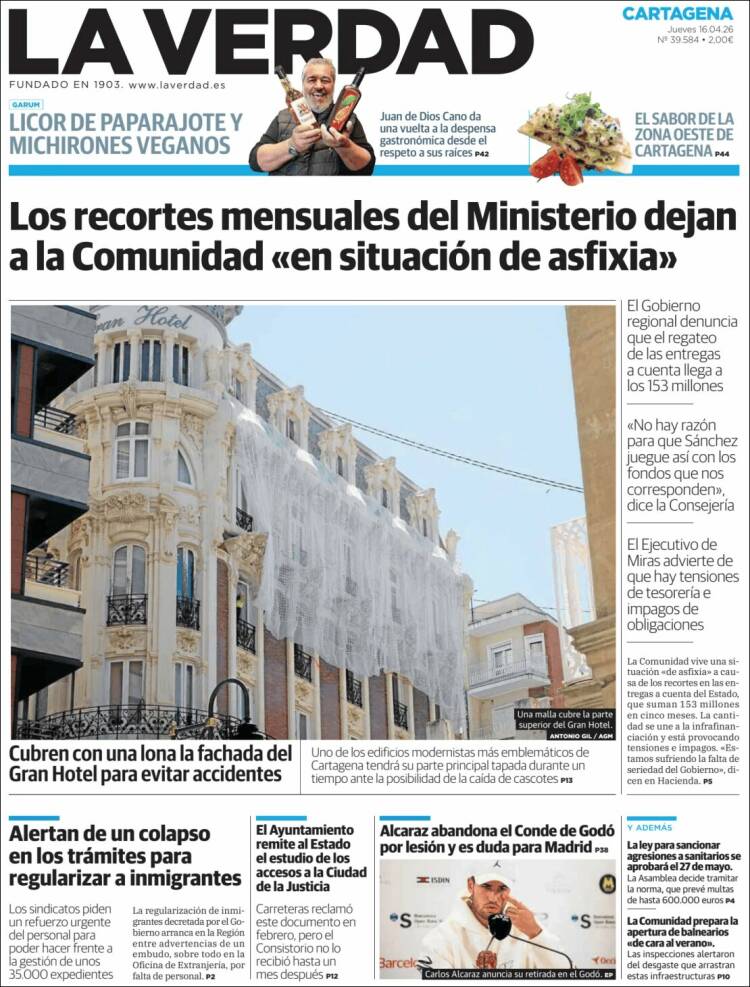 Portada de La Verdad de Cartagena (Espa&ntilde;a)