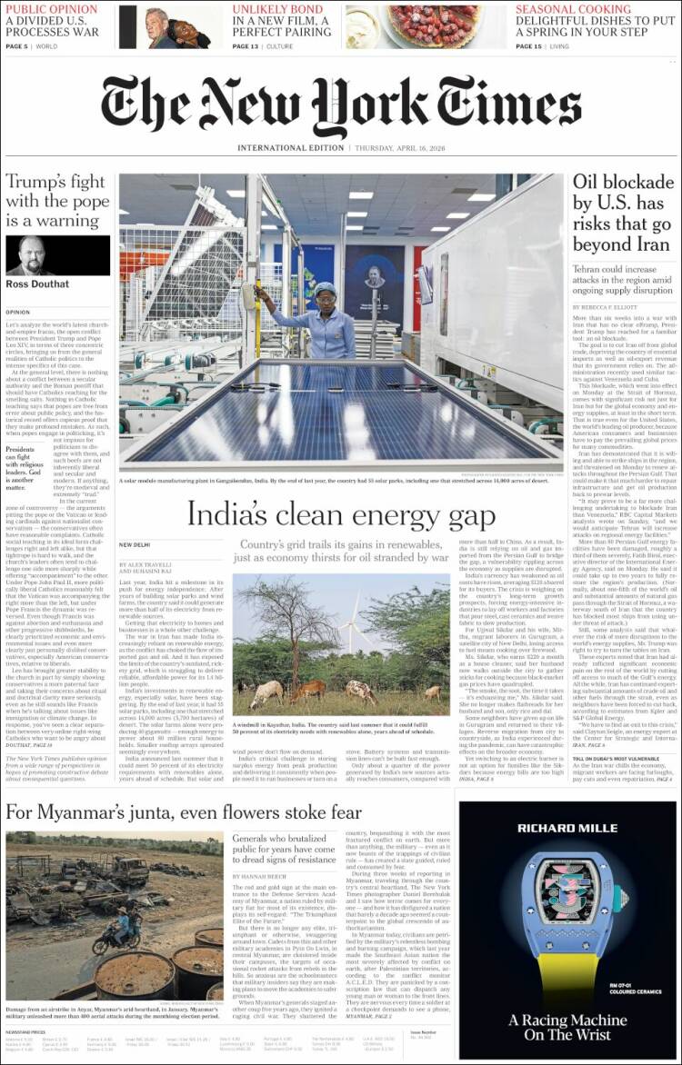 Portada de International New York Times (Europa)