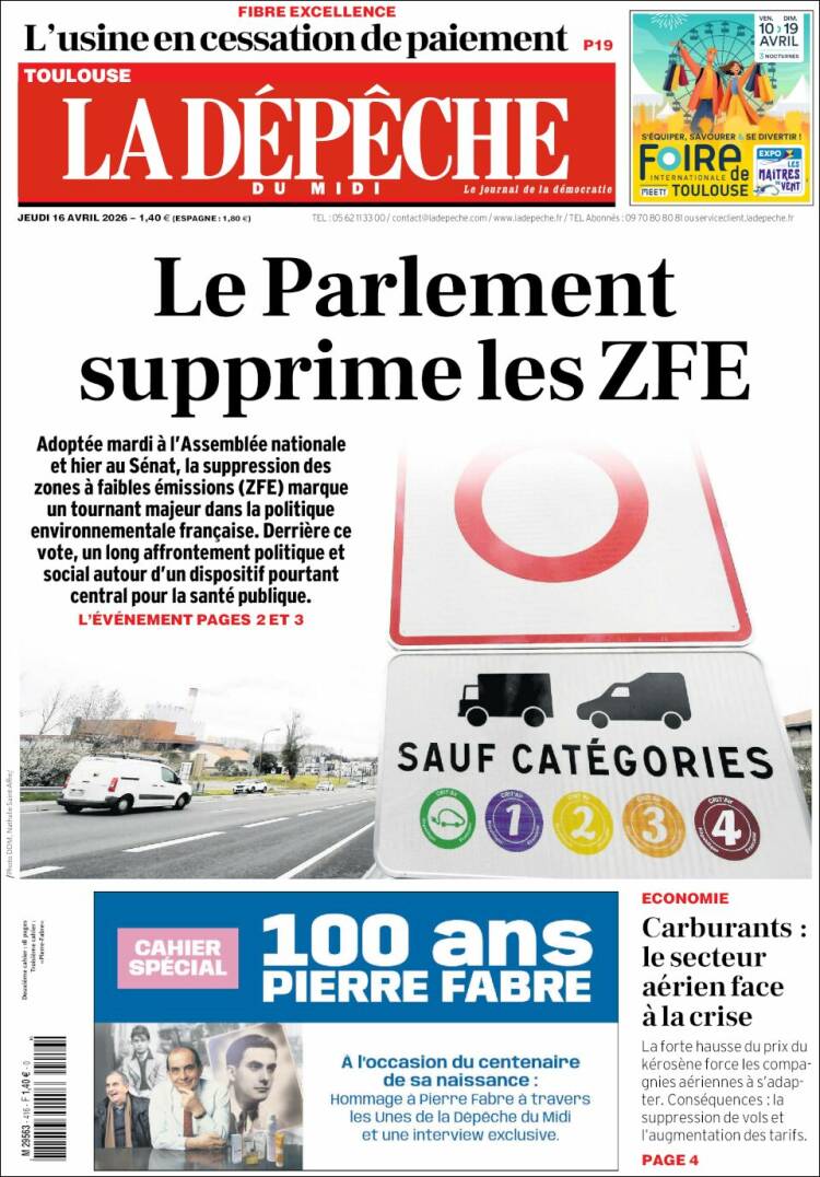 Portada de La Dépêche du Midi (Francia)