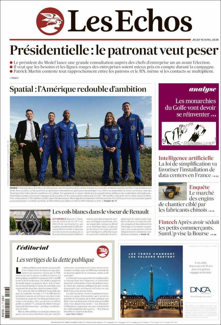 Portada de Les Echos (Francia)