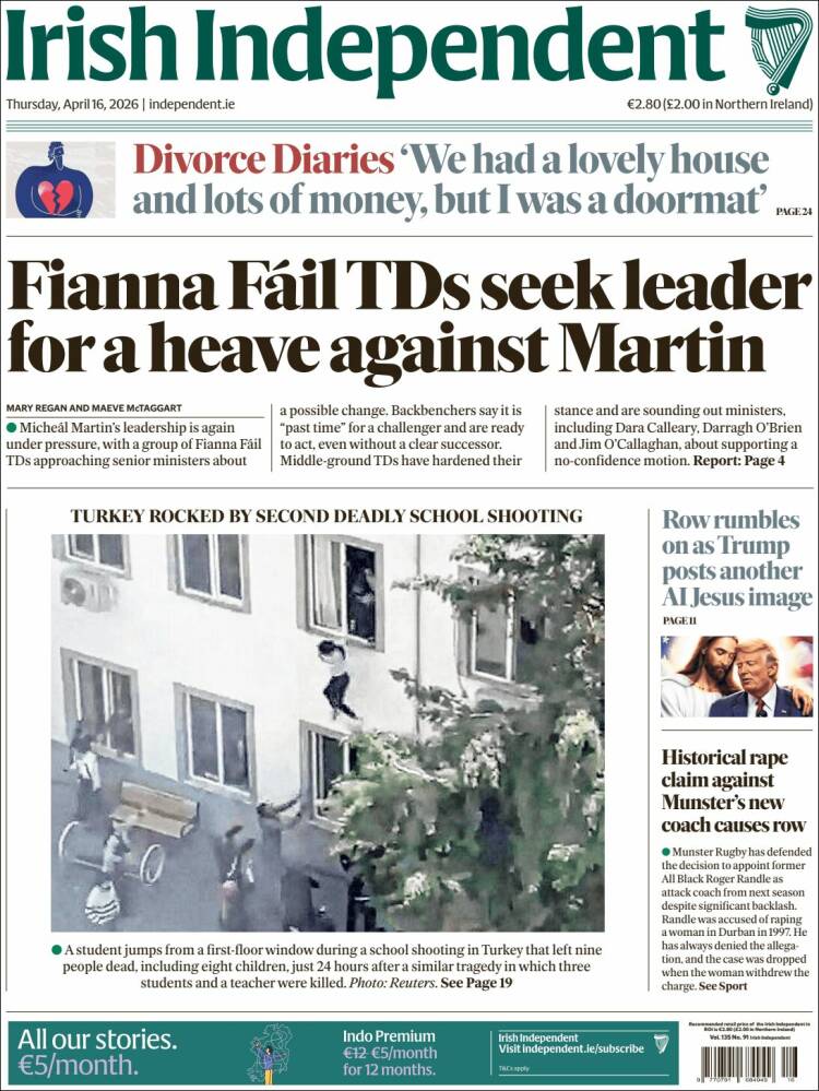 Portada de Irish Independent (Irlanda)