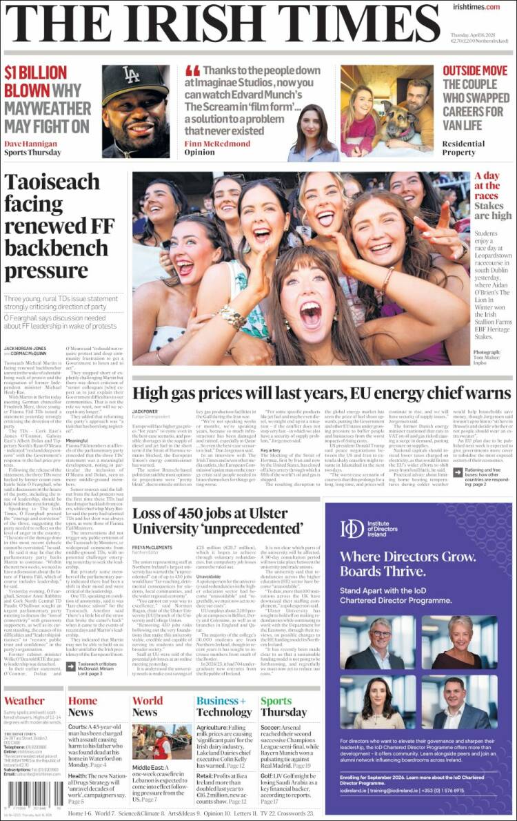 Portada de Irish Times (Irlanda)