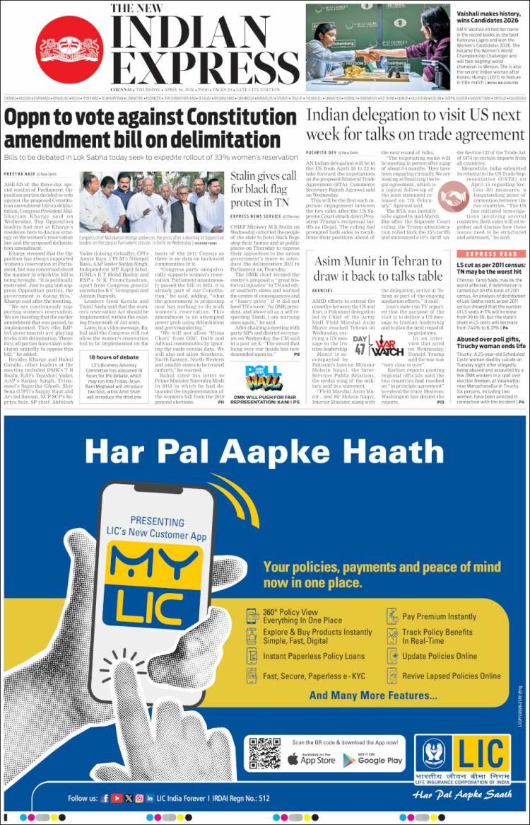 Portada de New Indian Express (India)