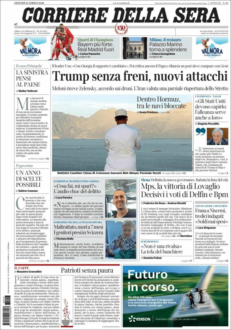 Portada de Corriere della Sera (Italia)