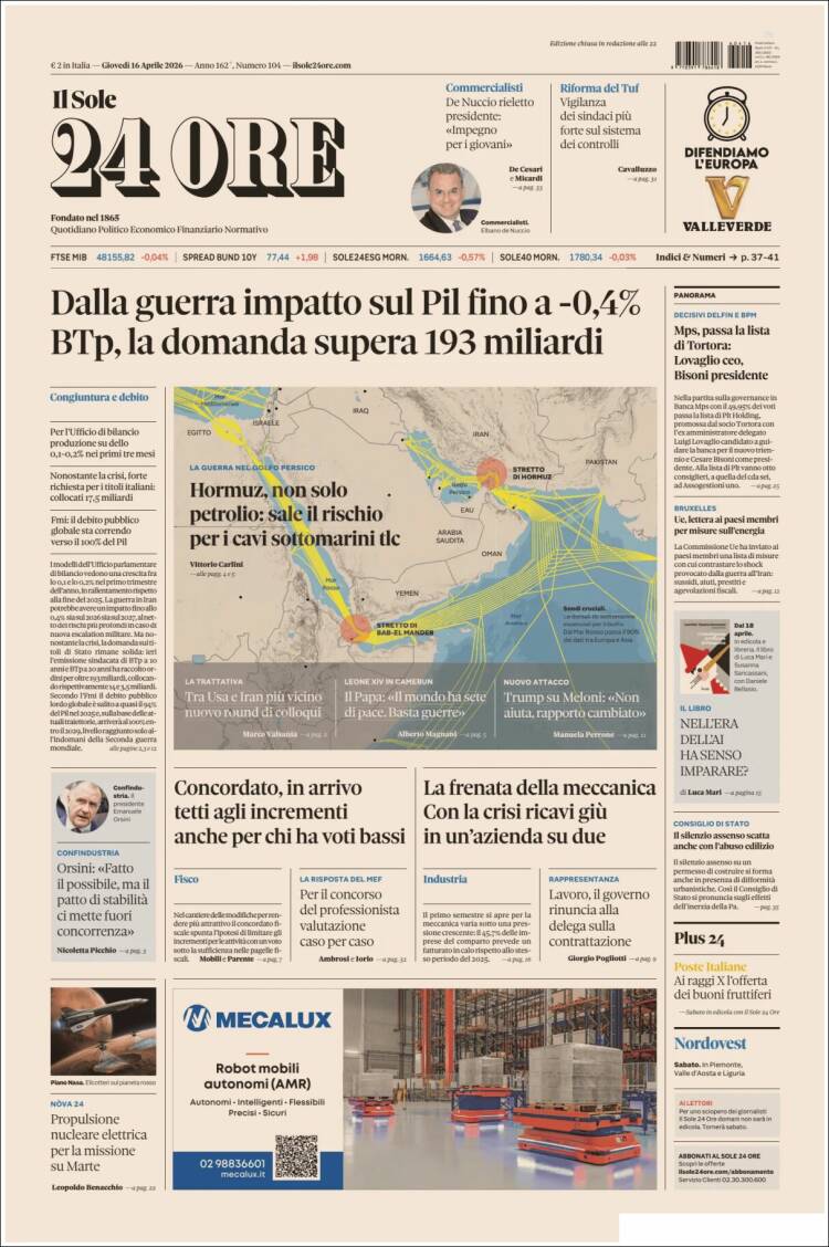 Portada de Il Sole 24 ORE (Italia)