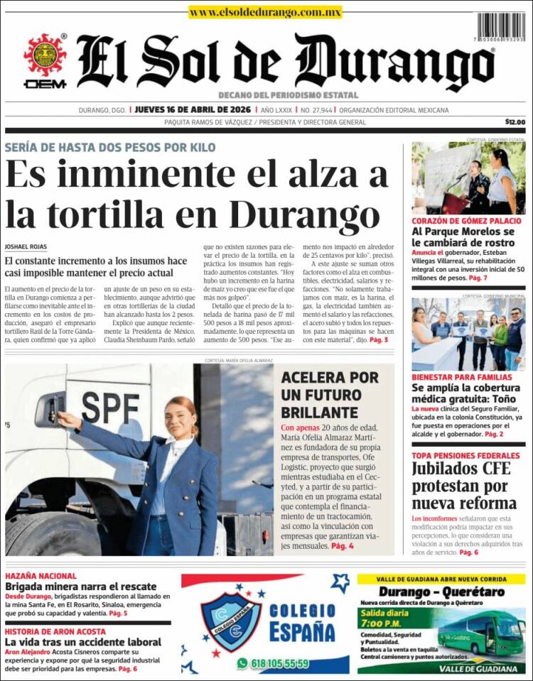 Portada de El Sol de Durango (M&eacute;xico)