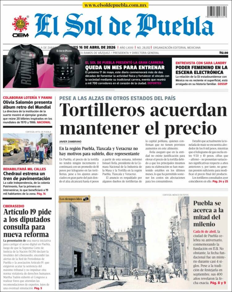Portada de El Sol de Puebla (M&eacute;xico)