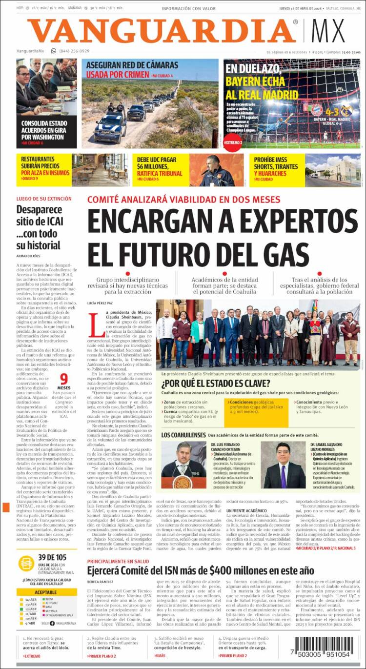 Portada de Vanguardia (M&eacute;xico)