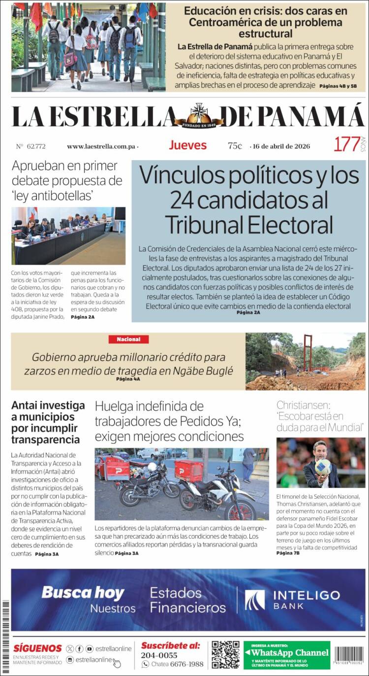 Portada de La Estrella de Panamá (Panam&aacute;)