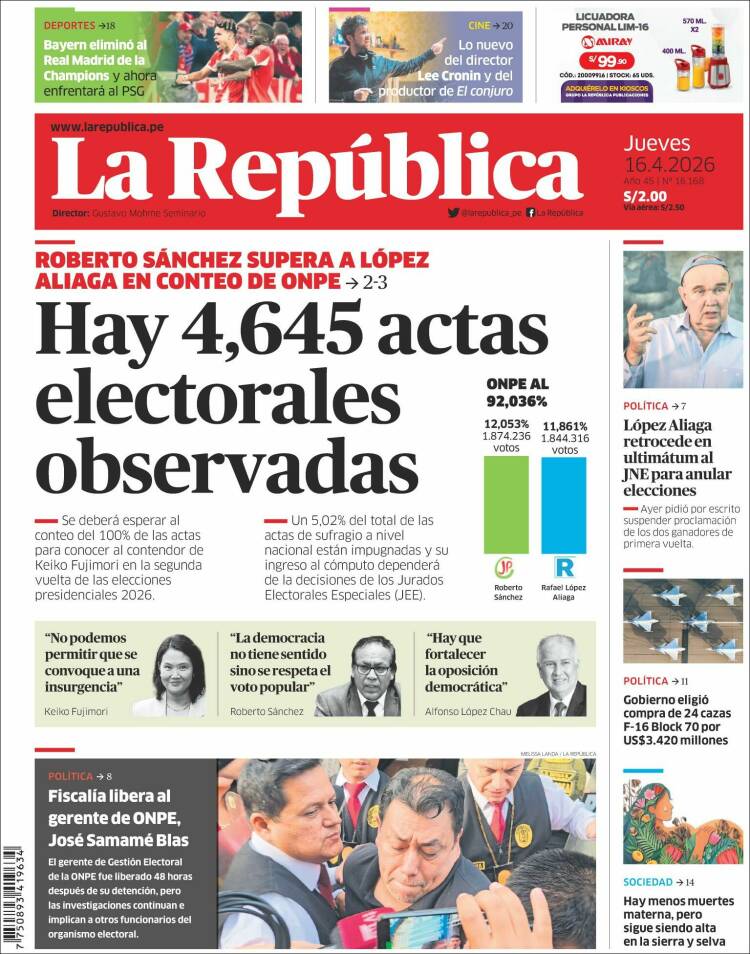 Portada de La Republica (Per&uacute;)