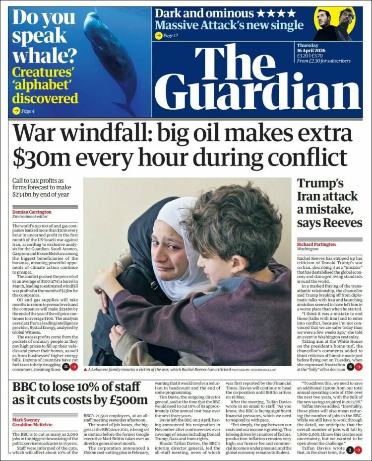 Portada de The Guardian (Reino Unido)