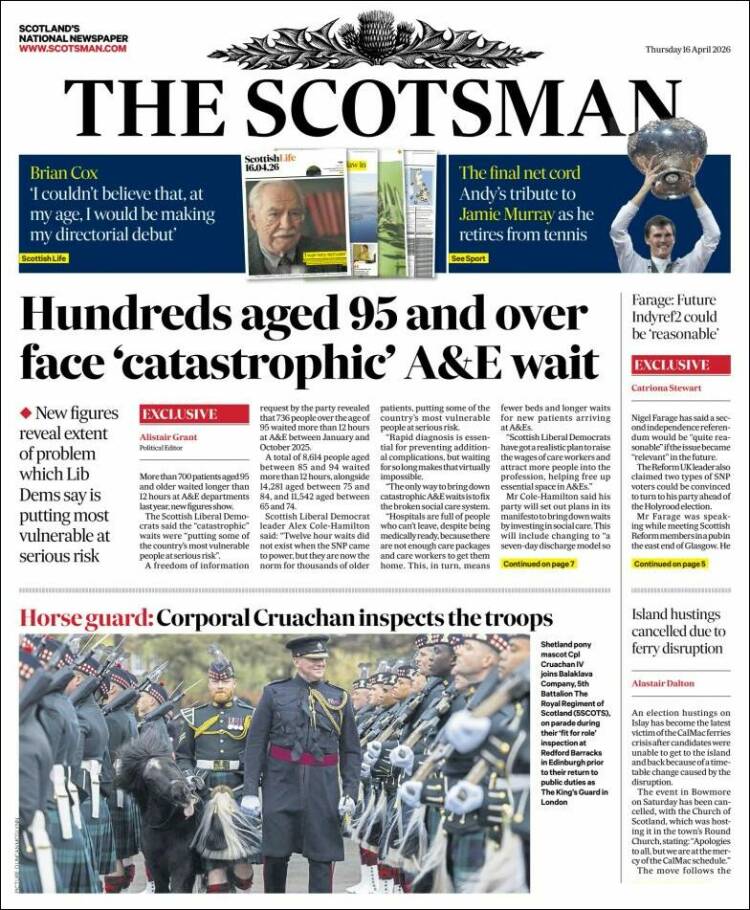 Portada de The Scotsman (Reino Unido)