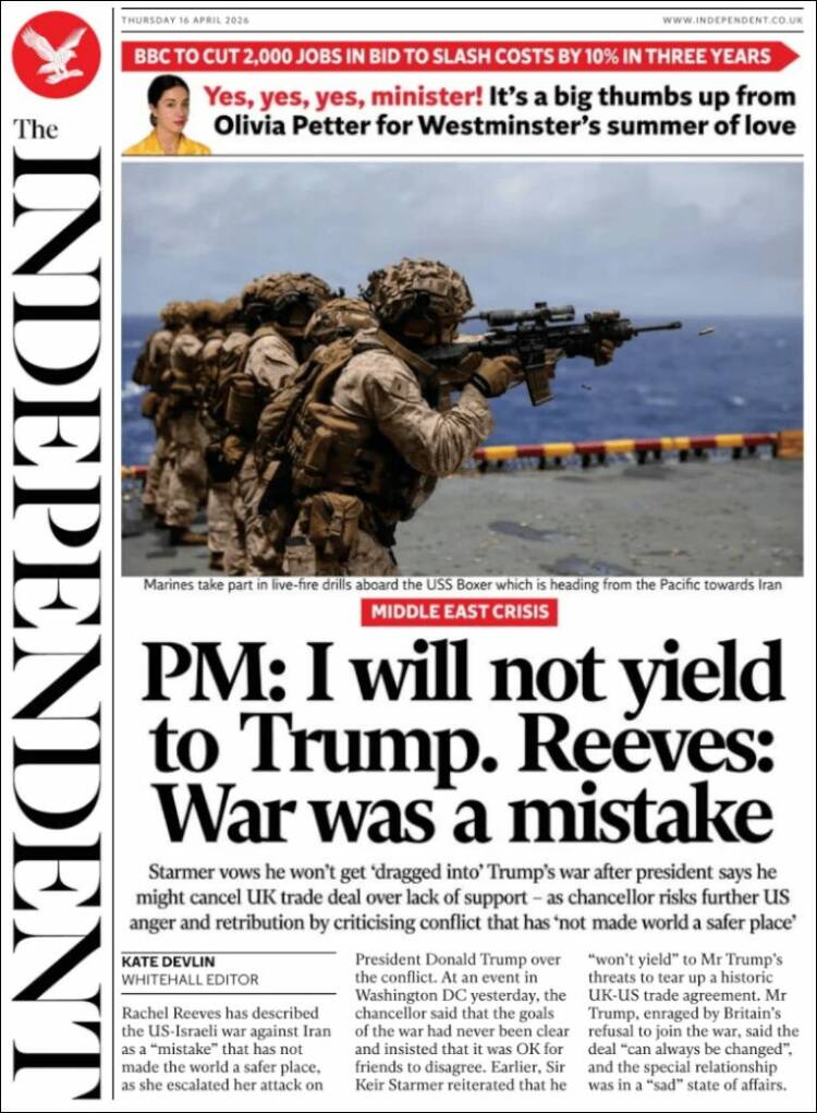 Portada de The Independent (Reino Unido)