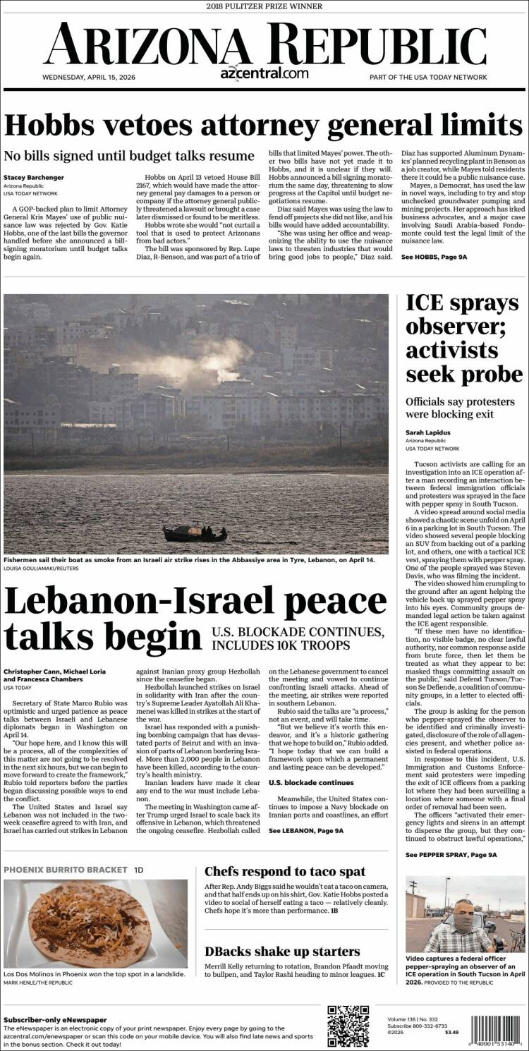 Portada de Arizona Republic News (USA)