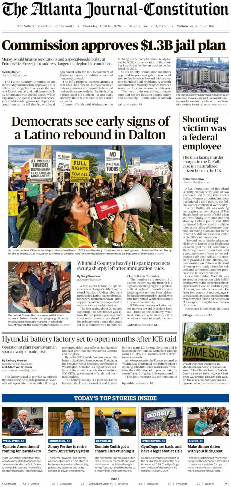 Portada de The Atlanta Journal-Constitution (USA)