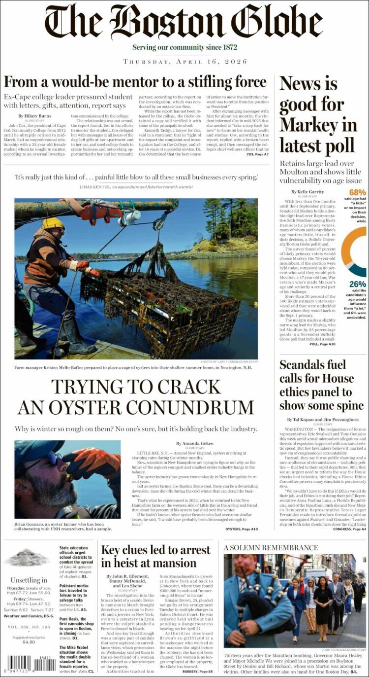 Portada de Boston Globe (USA)